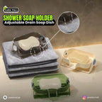 Shower soap holder with adjustable drain soap dish on a neutral background