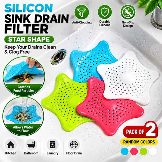 (2 Pcs) - Silicon Sink Drain Filter Star Shape | Non‑Slip Starfish Floor Drain Screen | Anti‑Clogging Pad for Kitchen, Bathroom & Laundry