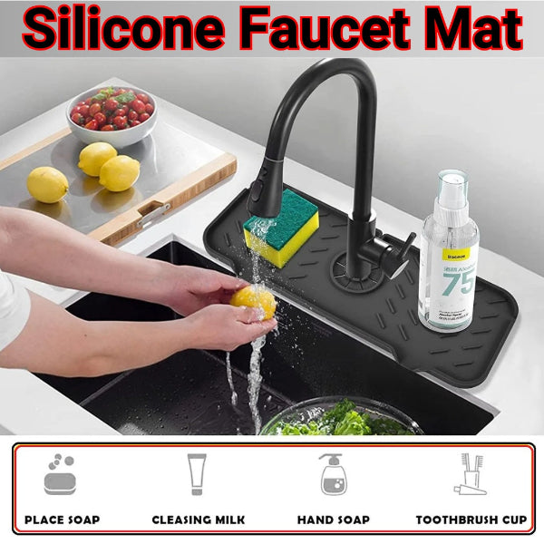 silicone faucet mat, sink draining pad, kitchen faucet protector, bathroom faucet mat, sink splash guard, faucet drying mat, kitchen accessories, water draining pad, countertop protector, faucet splash catcher
