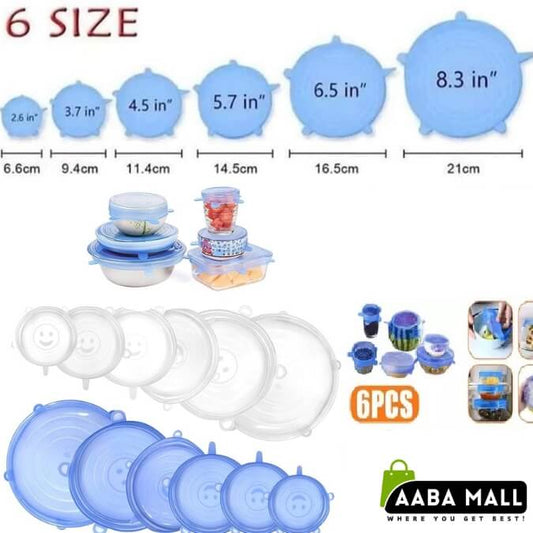 Set of blue silicone lids with sizes and measurements, displayed with AABA MALL branding.