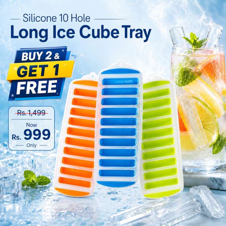 Silicone ice cube trays with promotional text on a cooling background