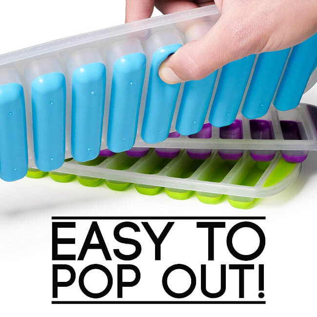 Test tube rack with blue, green, and purple test tubes being removed by a hand, with text 'EASY TO POP OUT!' below.