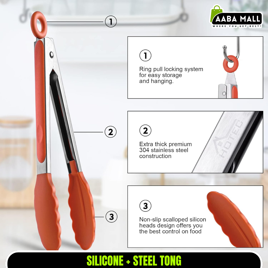 9.5" Stainless Steel Cooking Tongs with Silicone Tips | Heat-Resistant Metal Tongs with Non-Slip Rubber Grips