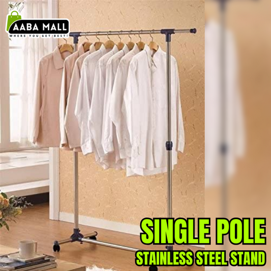 Stainless Steel Single Pole Stand – Adjustable & Portable Clothes Rack with Wheels | Movable Garment Hanger Organizer for Home & Display