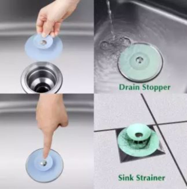 Silicone drain strainer hair catcher and water stopper in grey, shown placed in a bathtub drain in the filter mode, catching hair while water is running.