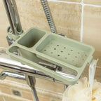 Kitchen sink faucet sponge and soap holder drain rack storage organizer, plastic or stainless steel dishwashing liquid and brush caddy
