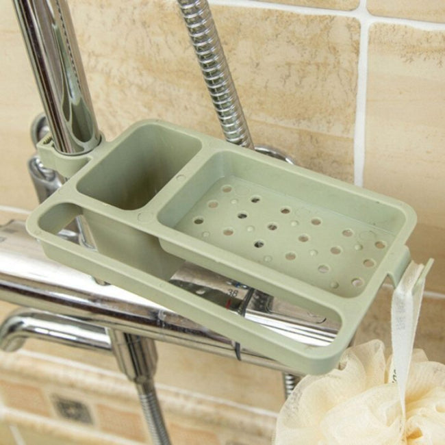 Kitchen sink faucet sponge and soap holder drain rack storage organizer, plastic or stainless steel dishwashing liquid and brush caddy