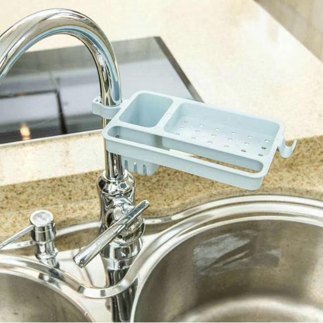 Kitchen sink faucet sponge and soap holder drain rack storage organizer, plastic or stainless steel dishwashing liquid and brush caddy