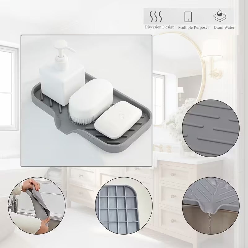 silicone sink tray with drain for soap sponge and brush storage