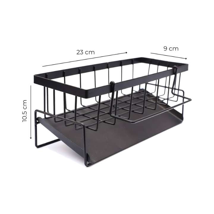 Black metal kitchen organizer rack with dimension labels showing 23 cm width, 9 cm depth, and 10.5 cm height on a white background.