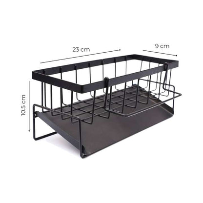 Black metal kitchen organizer rack with dimension labels showing 23 cm width, 9 cm depth, and 10.5 cm height on a white background.