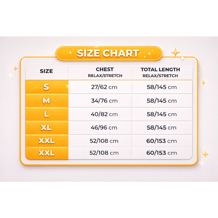 Size chart with chest and total length measurements for different size categories on a white background.