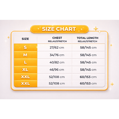 Size chart with chest and total length measurements for different size categories on a white background.