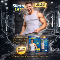 Advertisement for Slim 'N Lift product showing a man in a gym with the product packaging.