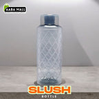 Large 1500ml premium plastic water bottle with a frosted slush-style finish, shown filled with water on a gym bench, highlighting the easy-carry handle.