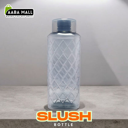 Large 1500ml premium plastic water bottle with a frosted slush-style finish, shown filled with water on a gym bench, highlighting the easy-carry handle.