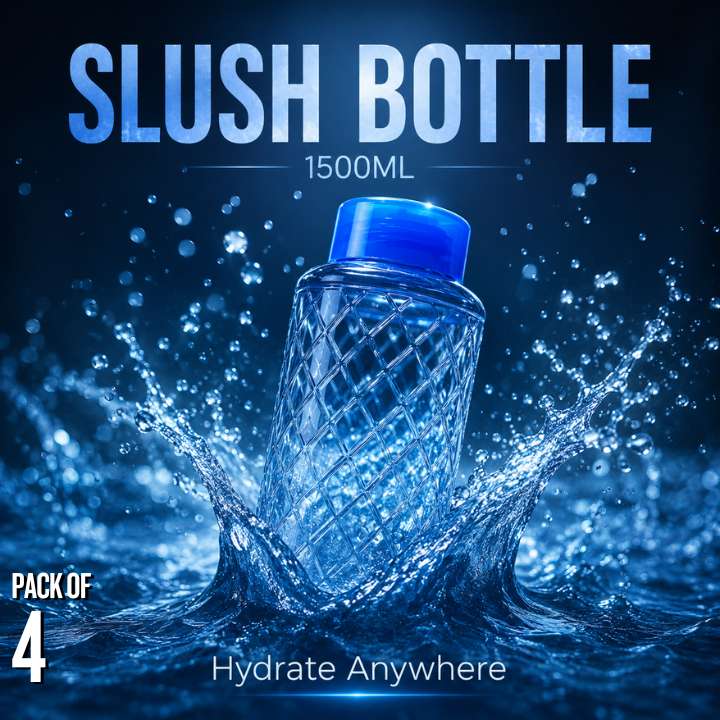 Slush bottle with blue lid and water splashes on a dark background, labeled 'Slush Bottle 1500ML Pack of 4 Hydrate Anywhere'.