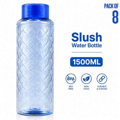 Blue slush water bottle with textured design on a white background, labeled as part of a pack of 8.