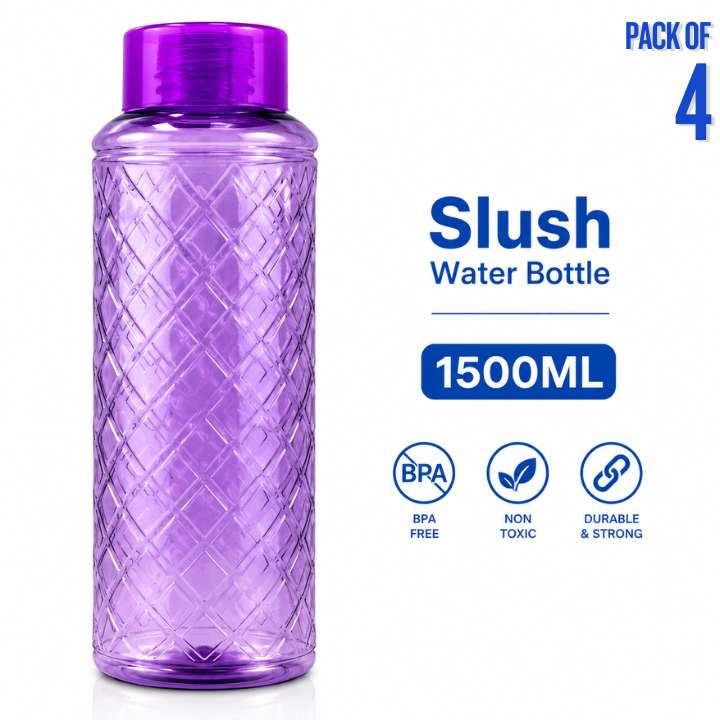 Purple water bottle with diamond pattern on a white background, labeled 'Slush Water Bottle' with capacity 1500ML and pack of 4.