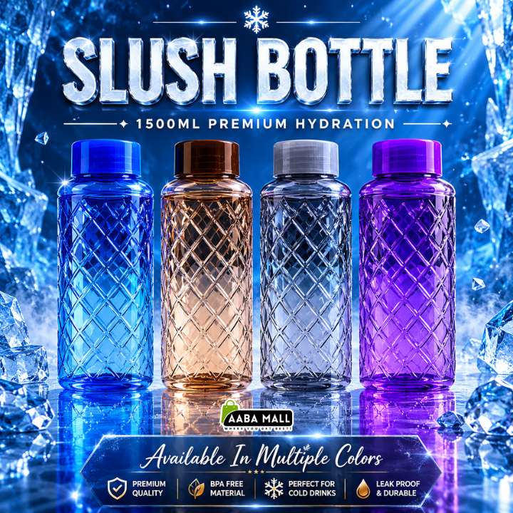 Four slush bottles in blue, gold, clear, and purple with ice crystal background