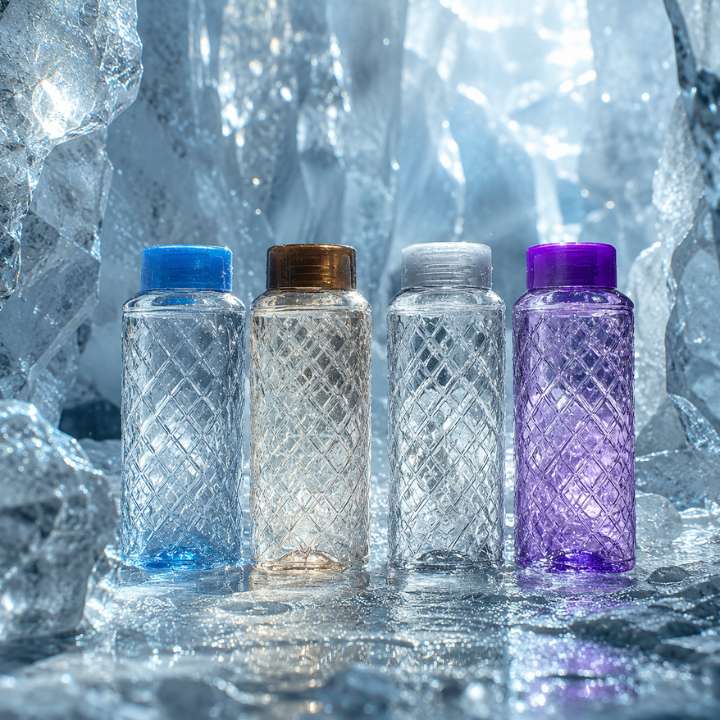 Four textured bottles with colored lids against a icy background