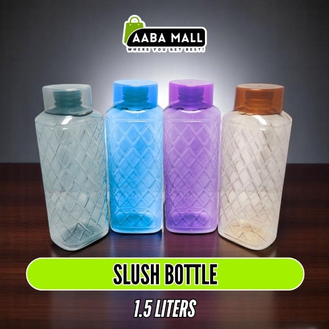 Large 1500ml premium plastic water bottle with a frosted slush-style finish, shown filled with water on a gym bench, highlighting the easy-carry handle.