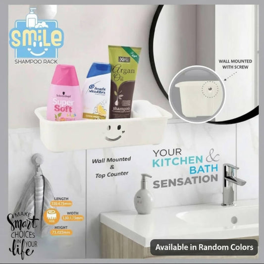 Shampoo rack with bottles on a bathroom counter, featuring the 'smile' brand.