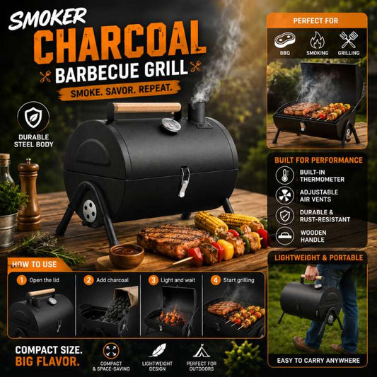 Smoker Charcoal Barbecue Grill – Durable Cylinder BBQ Grill, Detachable with Wooden Handle for Outdoor Cooking & Grilling