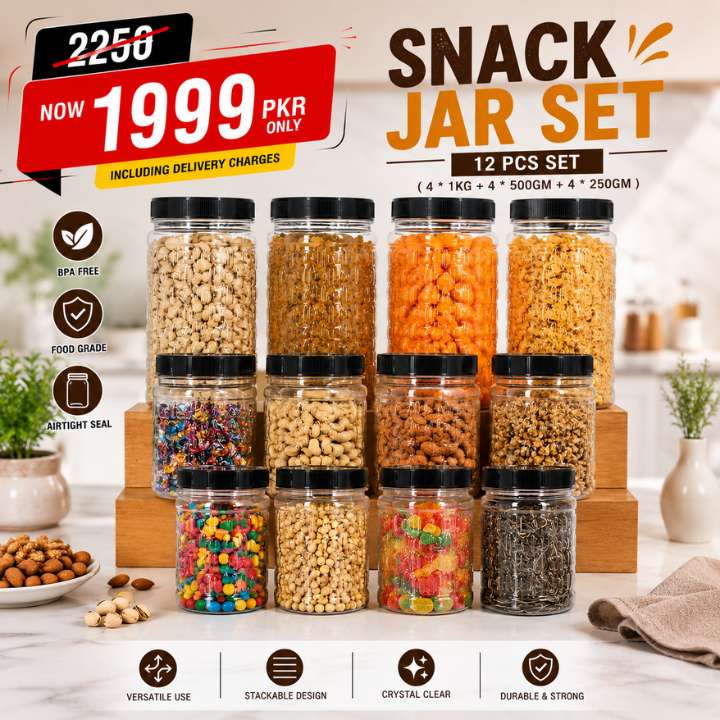 Snack jar set with various snacks on a kitchen counter, promotional text overlay.