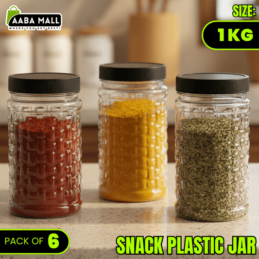 Three glass jars with black lids containing different snacks on a wooden surface, with Aaba Mall branding.