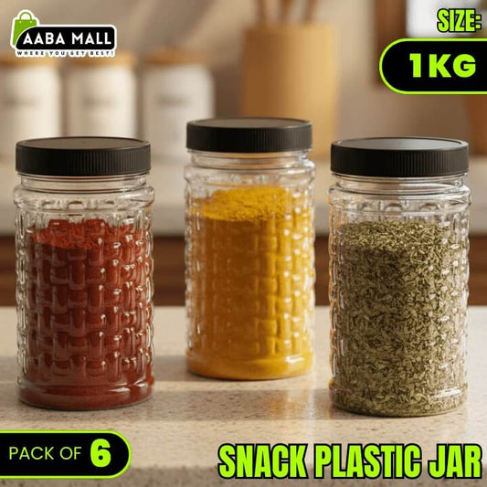 Three glass jars with black lids containing different snacks on a wooden surface, with Aaba Mall branding.