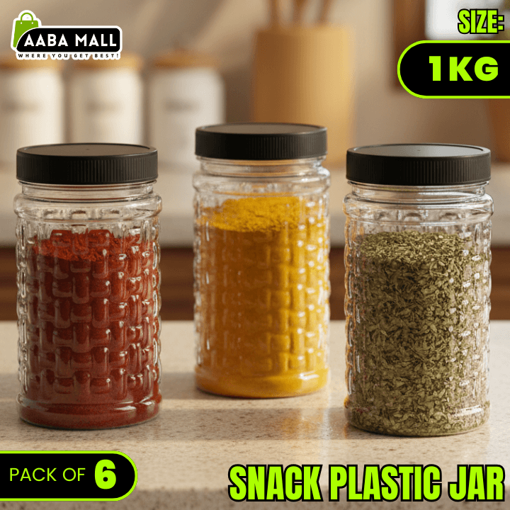 Three glass jars with black lids containing different snacks on a wooden surface, with Aaba Mall branding.