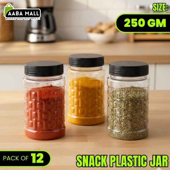 Three spice jars on a kitchen counter with text indicating size, quantity, and brand.