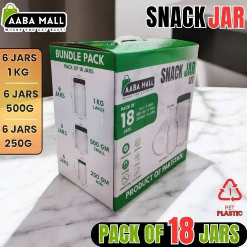 Box of Aaba Mall snack jars with various sizes on a marble surface