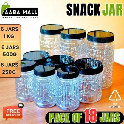 Pack of 18 snack jars with black lids on a wooden surface, featuring Aaba Mall branding.