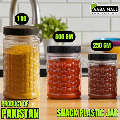 Three jars with different capacities labeled on a kitchen counter, featuring 'AABA MALL' branding.