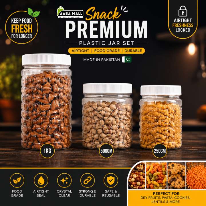 Snack Premium Plastic Jar Set – Airtight Plastic Food Storage Containers (1KG, 500GM, 250GM)