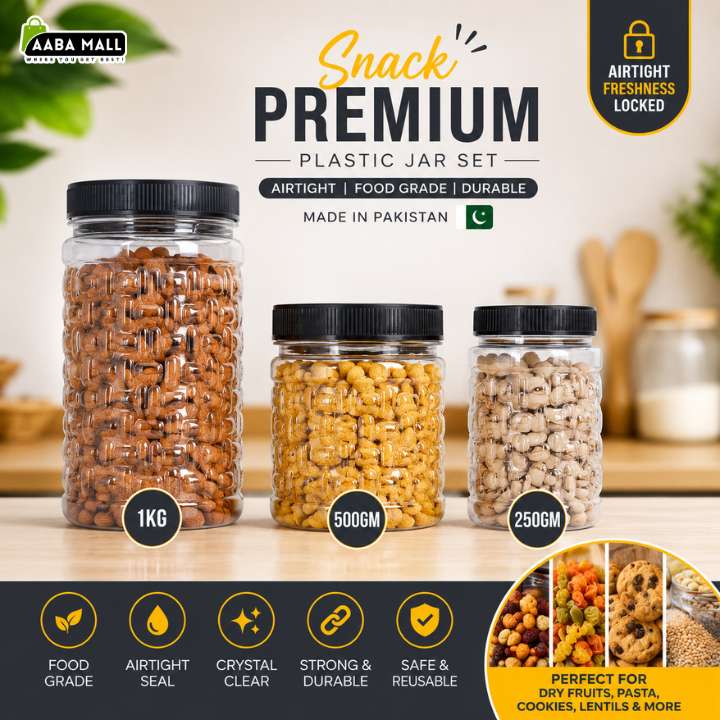 Snack Premium Plastic Jar Set – Airtight Plastic Food Storage Containers (1KG, 500GM, 250GM)