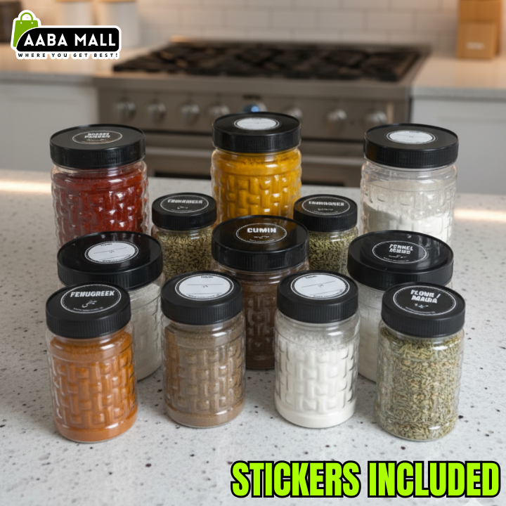 18 Snack Premium Plastic Jar Set – 6 Jars (1KG), 6 Jars (500GM), 6 Jars (250GM) | Airtight Food Storage Containers – Made in Pakistan - AABA MALL