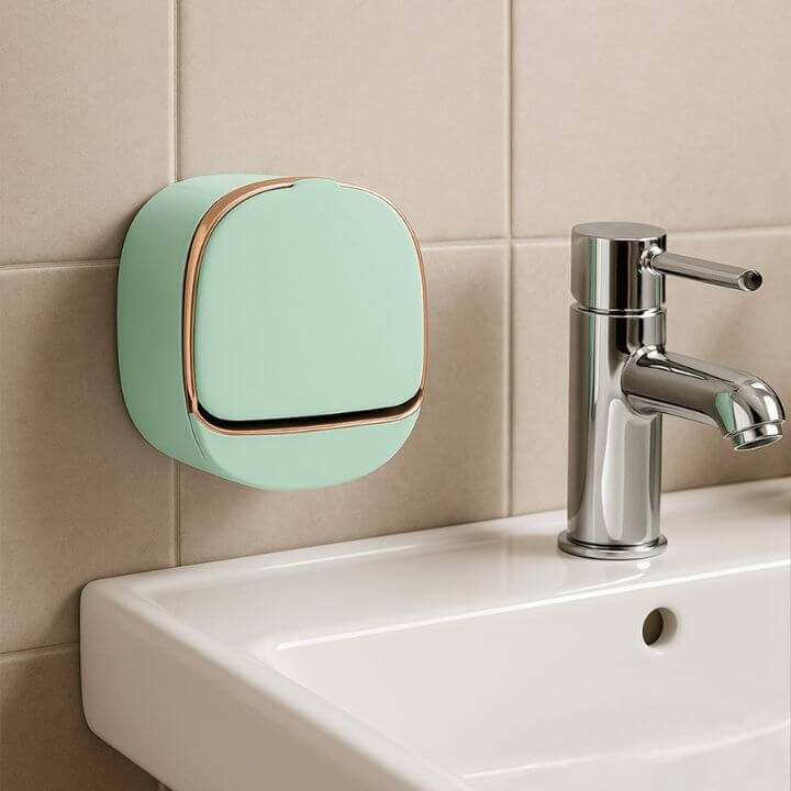 Mint green soap dispenser on a beige tiled wall next to a sink with a silver faucet.