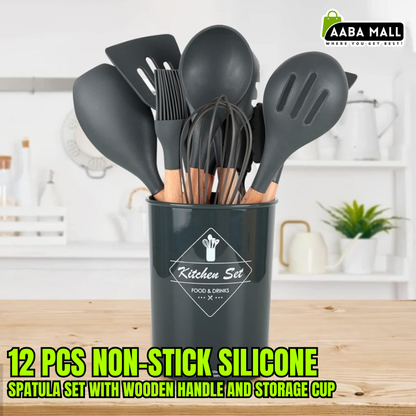 12 pcs silicone kitchen utensil set with wooden handles