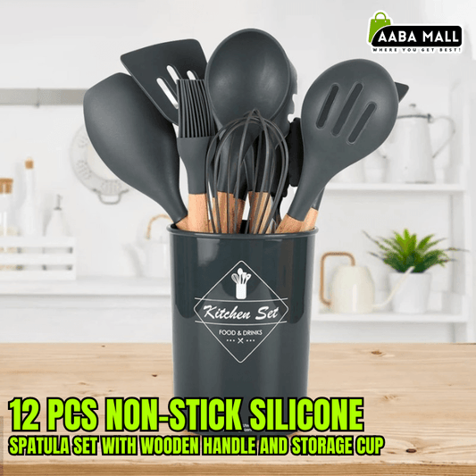 Set of 12 non-stick silicone spatulas with wooden handles in a storage cup on a kitchen counter.