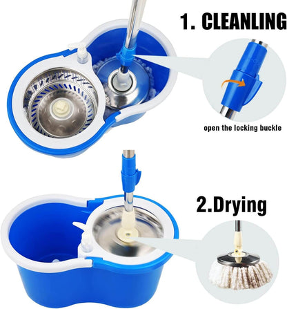 Spin Mop Steel Bucket 360 Degree Easy Spin Bucket Mop with 2 Microfiber Head and and Rod AABA MALL 