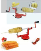Manual rotating spiral potato cutter and slicer, stainless steel tool creating curly fries and twisted tornado chips