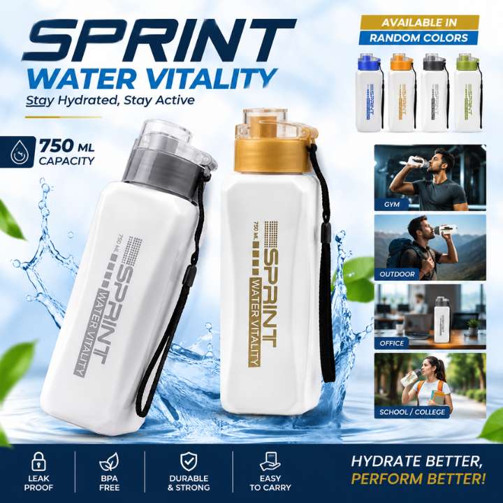 Sprint Water Vitality water bottles with various uses and features displayed.
