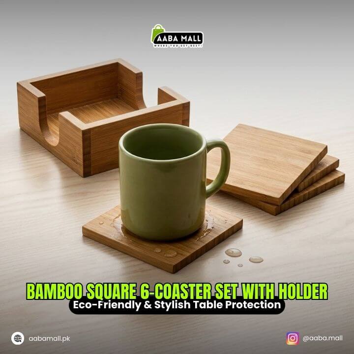 Bamboo square 6-coaster set with holder on a wooden surface, featuring a green mug.