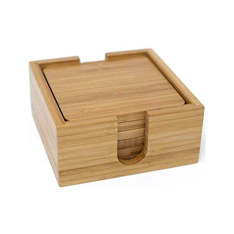 Wooden coaster set with holder on a white background