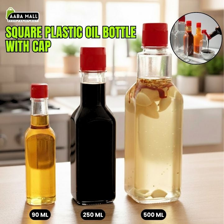 Square Plastic Oil Bottle with Cap - 90ML, 250ML, 500ML Transparent Oil Dispenser for Kitchen | Leakproof Cooking Oil Bottle