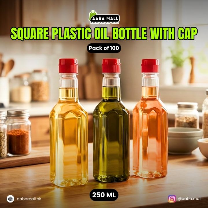 Square Plastic Oil Bottle with Cap - 90ML, 250ML, 500ML Transparent Oil Dispenser for Kitchen | Leakproof Cooking Oil Bottle