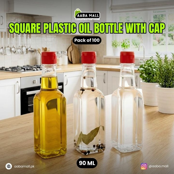 Square Plastic Oil Bottle with Cap – 90ML, 250ML, 500ML Transparent Oil Dispenser for Kitchen | Leakproof Cooking Oil Bottle